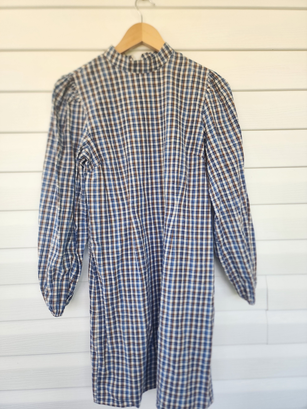 Blue & Brown Plaid Long Sleeve Smock Dress